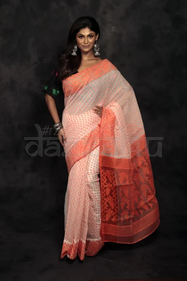 Off whhite on Orange border n anchal Hazarbuti Silk Dhakai jamdaniHandloom Saree