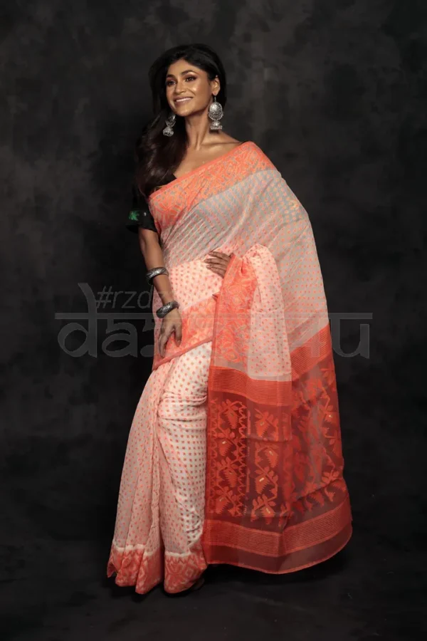 Off whhite on Orange border n anchal Hazarbuti Silk Dhakai jamdaniHandloom Saree