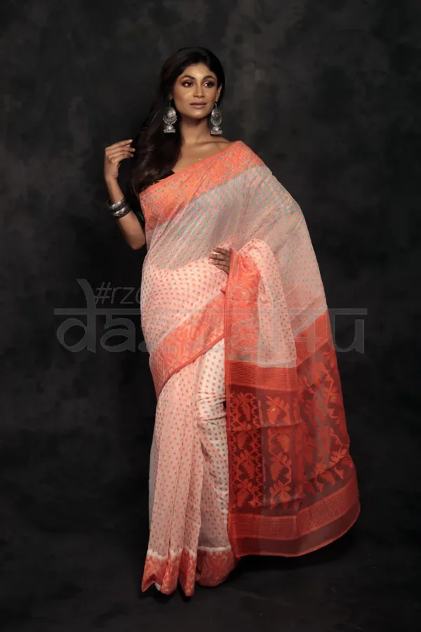 Off whhite on Orange border n anchal Hazarbuti Silk Dhakai jamdaniHandloom Saree