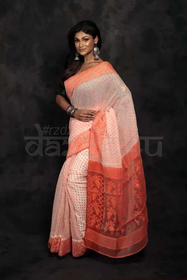 Off whhite on Orange border n anchal Hazarbuti Silk Dhakai jamdaniHandloom Saree