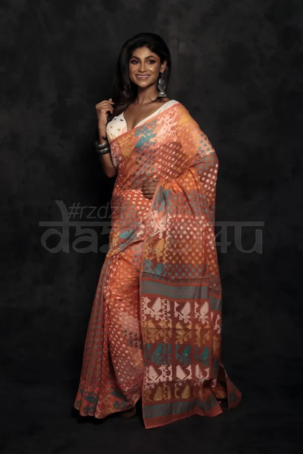 Orange on multicolor Butta n border Jalbondi Silk Dhakai jamdani Handloom Saree