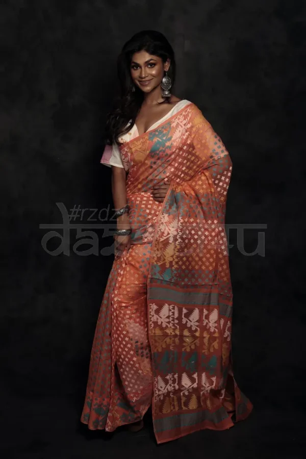Orange on multicolor Butta n border Jalbondi Silk Dhakai jamdani Handloom Saree