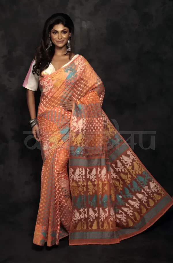 Orange on multicolor Butta n border Jalbondi Silk Dhakai jamdani Handloom Saree