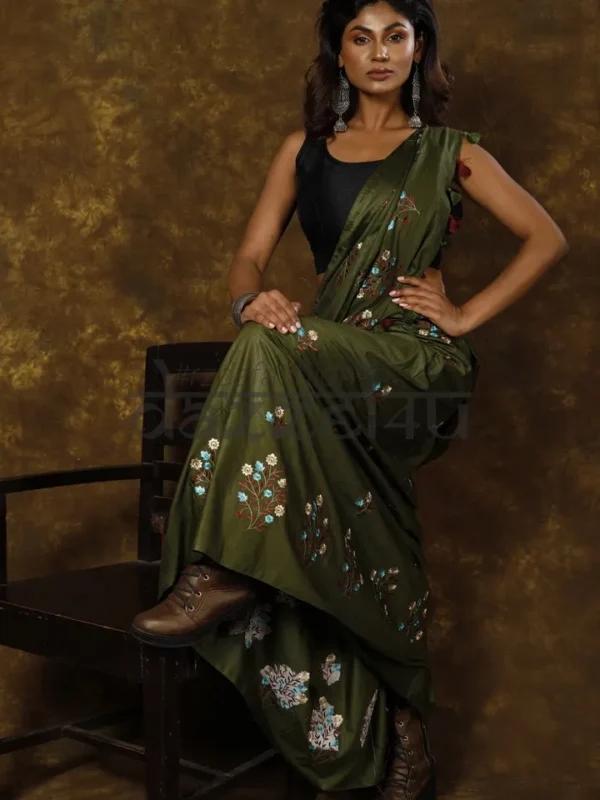 Moss Green on Floral work linen Tussar saree