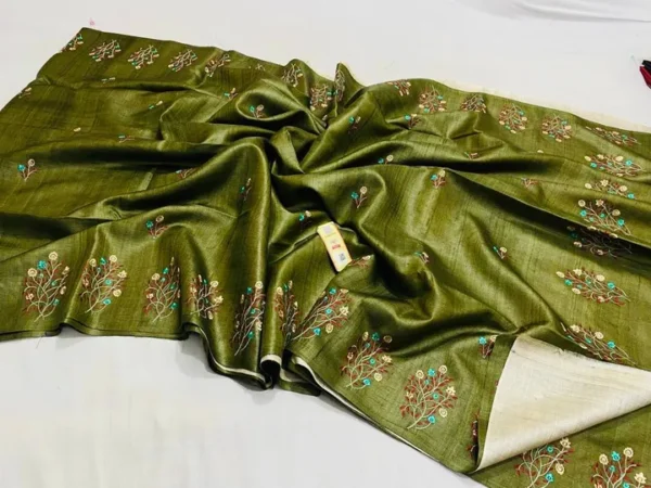 Moss Green on Floral work linen Tussar saree