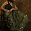 Moss Green on Floral work linen Tussar saree