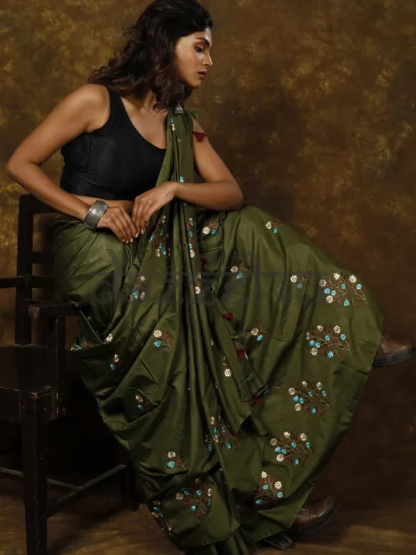Moss Green on Floral work linen Tussar saree