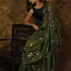 Moss Green on Floral work linen Tussar saree