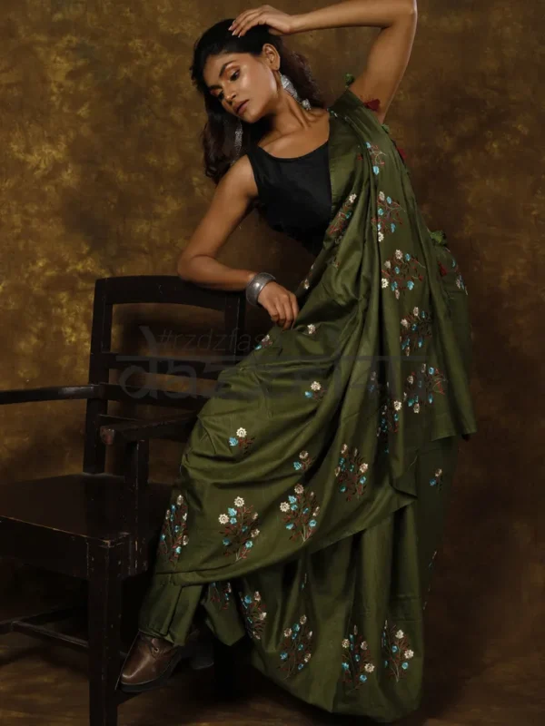 Moss Green on Floral work linen Tussar saree
