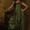 Moss Green on Floral work linen Tussar saree