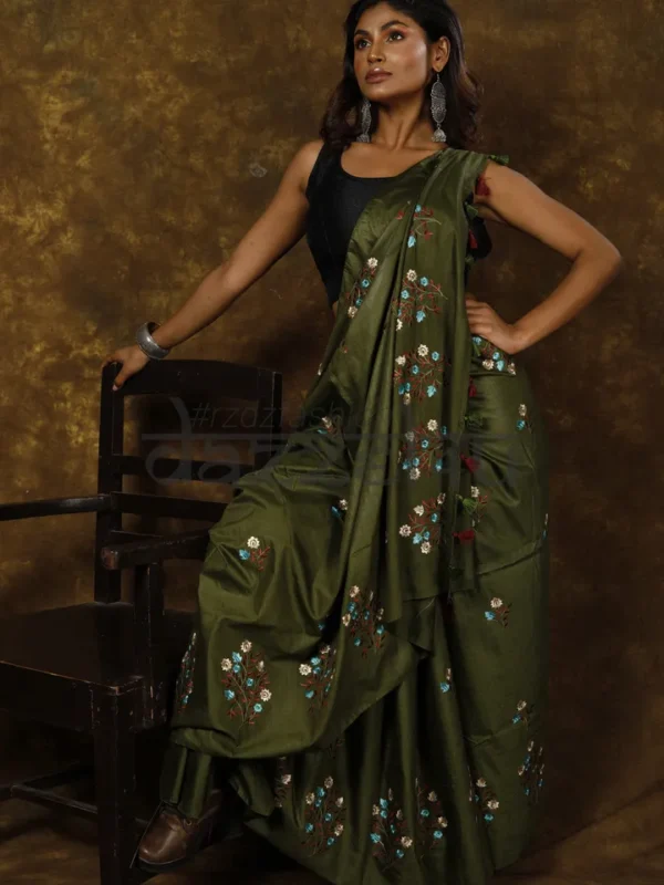 Moss Green on Floral work linen Tussar saree