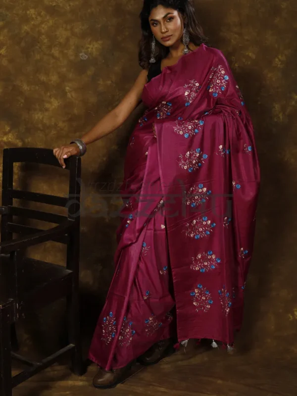 Magenta on Floral work linen Tussar saree