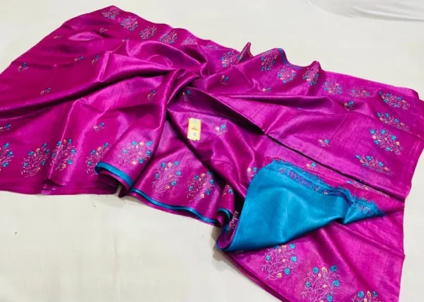 Magenta on Floral work linen Tussar saree
