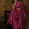 Magenta on Floral work linen Tussar saree