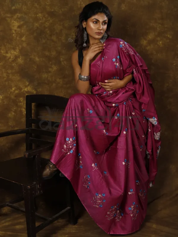 Magenta on Floral work linen Tussar saree