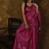 Magenta on Floral work linen Tussar saree