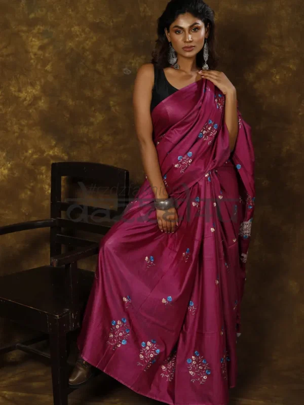 Magenta on Floral work linen Tussar saree