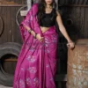 Magenta on Floral work linen Tussar saree