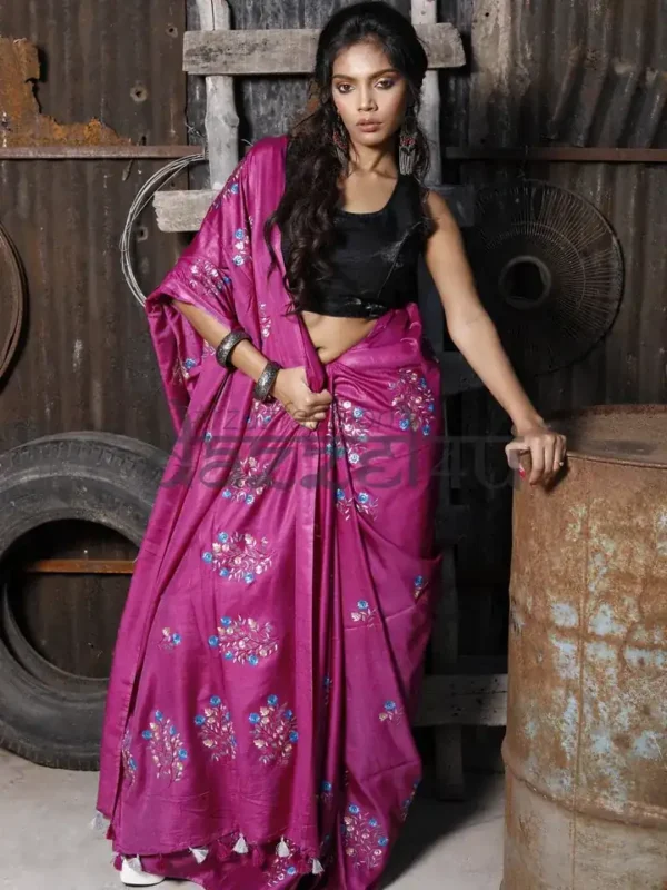 Magenta on Floral work linen Tussar saree