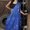 Royal Blue on Floral work linen Tussar saree