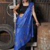 Royal Blue on Floral work linen Tussar saree