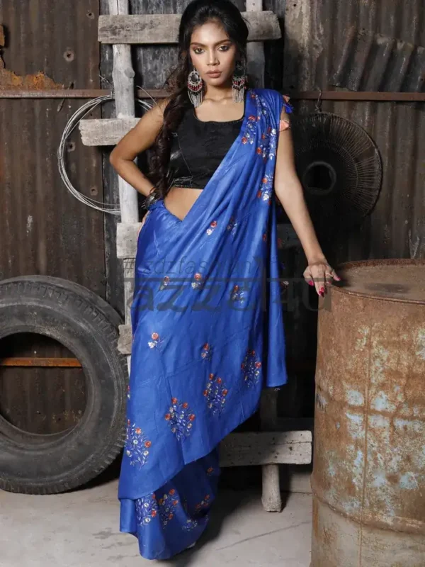 Royal Blue on Floral work linen Tussar saree