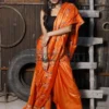 Orange on Floral work linen Tussar saree