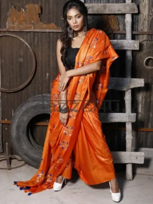 Orange on Floral work linen Tussar saree