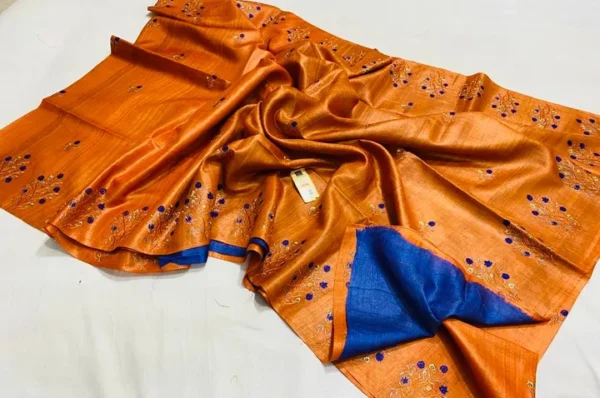 Orange on Floral work linen Tussar saree