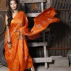 Orange on Floral work linen Tussar saree
