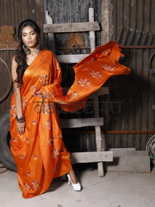 Orange on Floral work linen Tussar saree