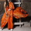 Orange on Floral work linen Tussar saree