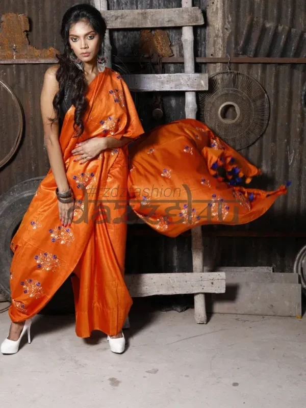 Orange on Floral work linen Tussar saree