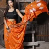 Orange on Floral work linen Tussar saree