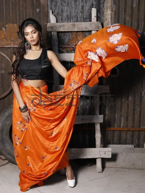 Orange on Floral work linen Tussar saree