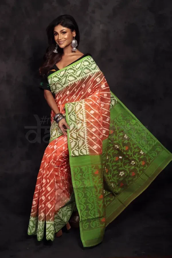 Orange on Green border Jalbondi Silk Dhakai jamdani Handloom Tribal Motif Saree