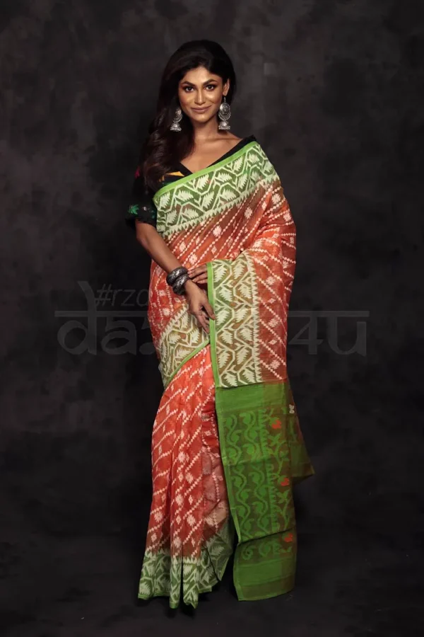 Orange on Green border Jalbondi Silk Dhakai jamdani Handloom Tribal Motif Saree
