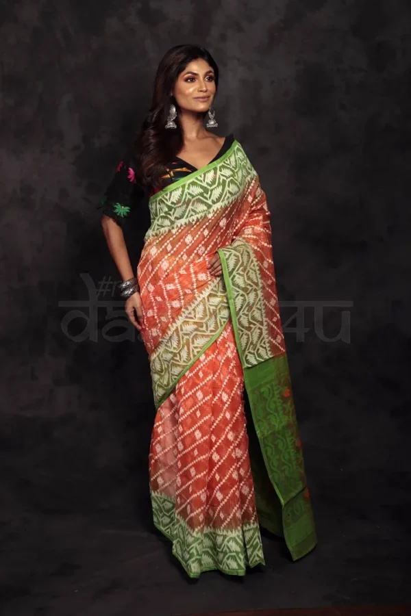 Orange on Green border Jalbondi Silk Dhakai jamdani Handloom Tribal Motif Saree