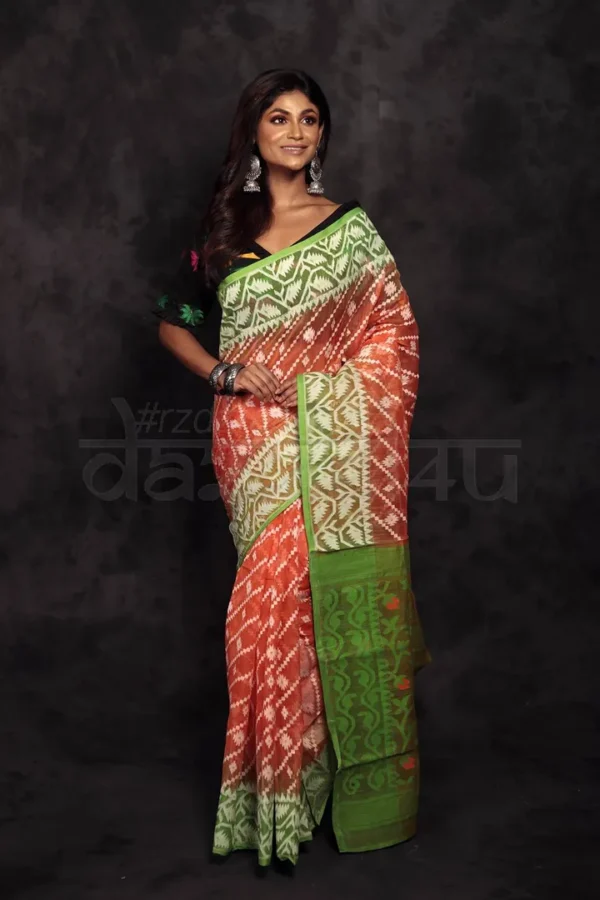 Orange on Green border Jalbondi Silk Dhakai jamdani Handloom Tribal Motif Saree