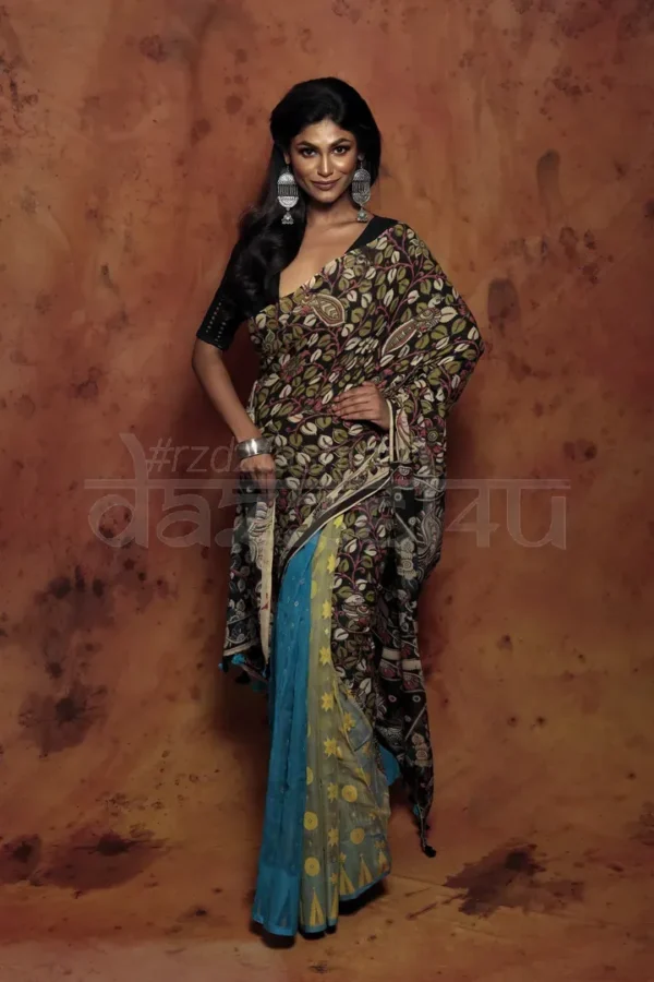 Black and blue patli pallu Pure Cotton Kalamkari jamdani saree