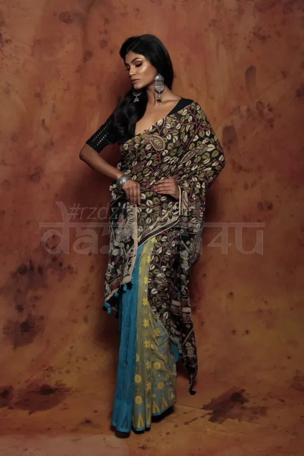 Black and blue patli pallu Pure Cotton Kalamkari jamdani saree