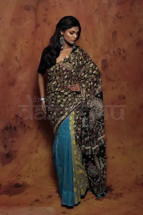 Black and blue patli pallu Pure Cotton Kalamkari jamdani saree