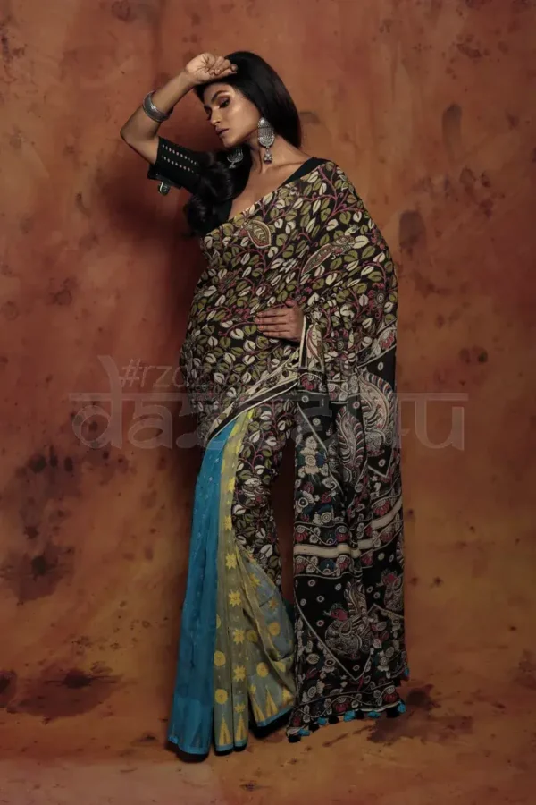 Black and blue patli pallu Pure Cotton Kalamkari jamdani saree