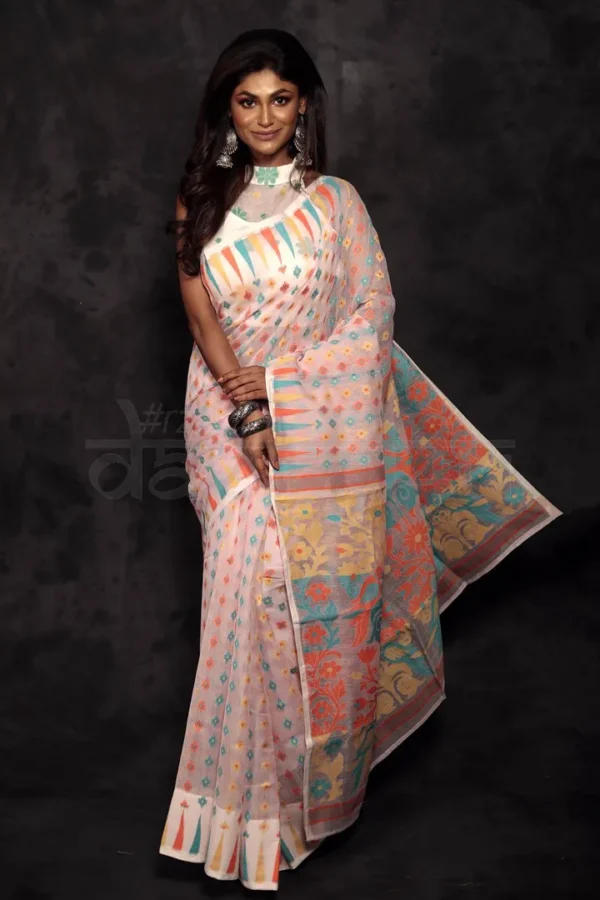 White on Multicolor Jalbondi Silk Dhakai jamdani Handloom Tribal Motif Saree