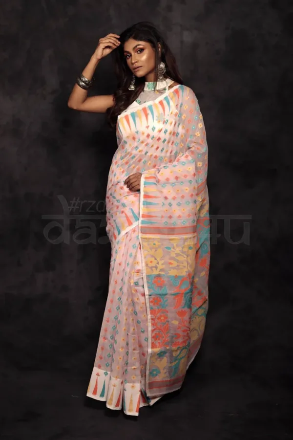 White on Multicolor Jalbondi Silk Dhakai jamdani Handloom Tribal Motif Saree