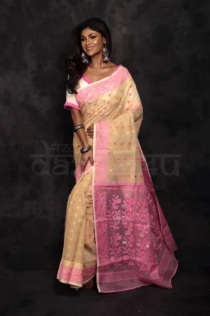 Biscuit & Pink Jalbondi Silk Dhakai jamdani Handloom Tribal Motif Saree