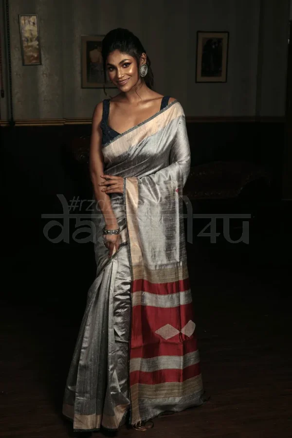 Silver and Maroon Bhagalpur Handloom on Tussar Gicha saree