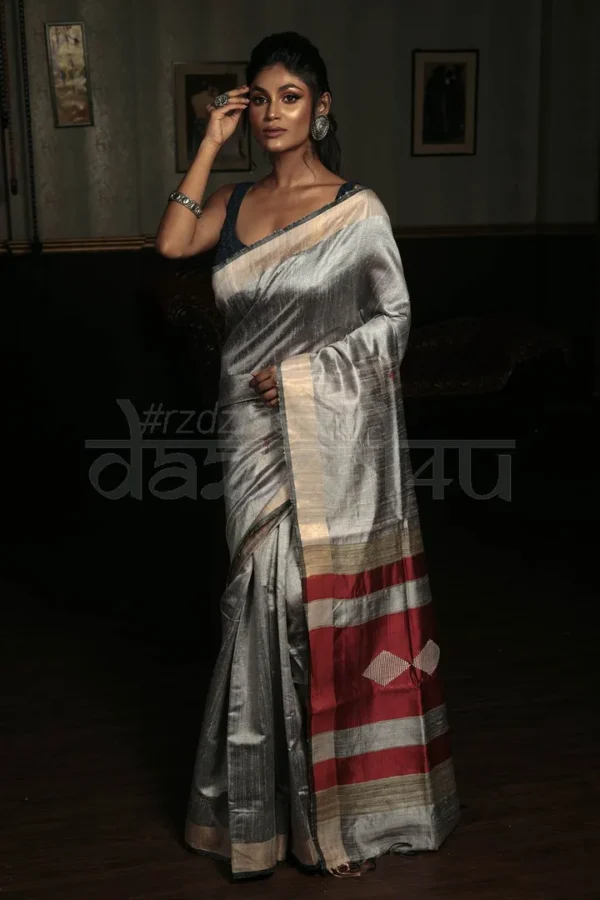 Silver and Maroon Bhagalpur Handloom on Tussar Gicha saree