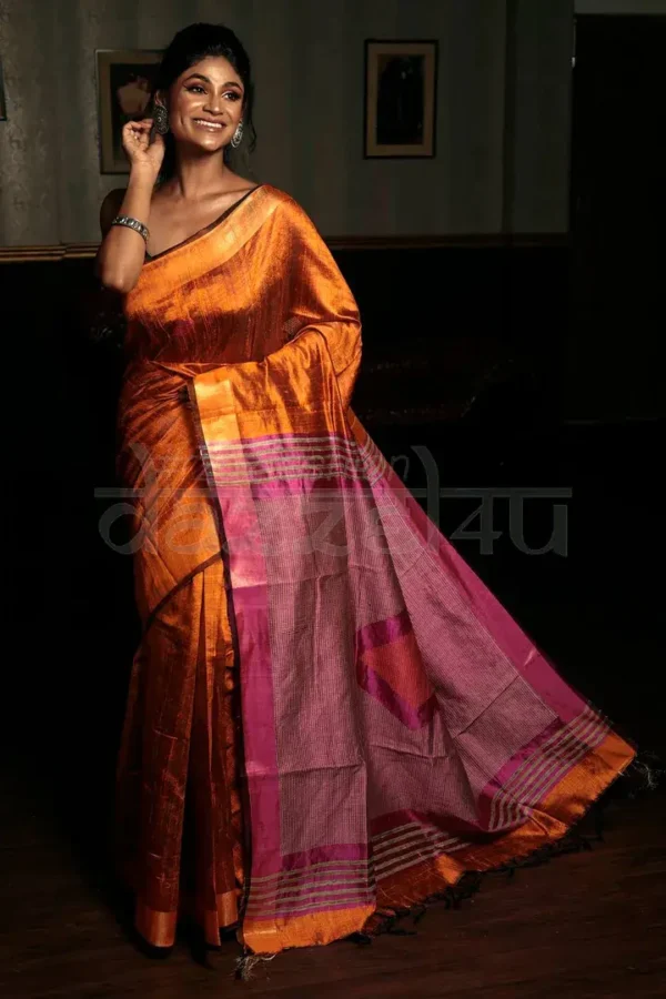 Orange and Majenta Bhagalpur Handloom on Tussar Gicha saree