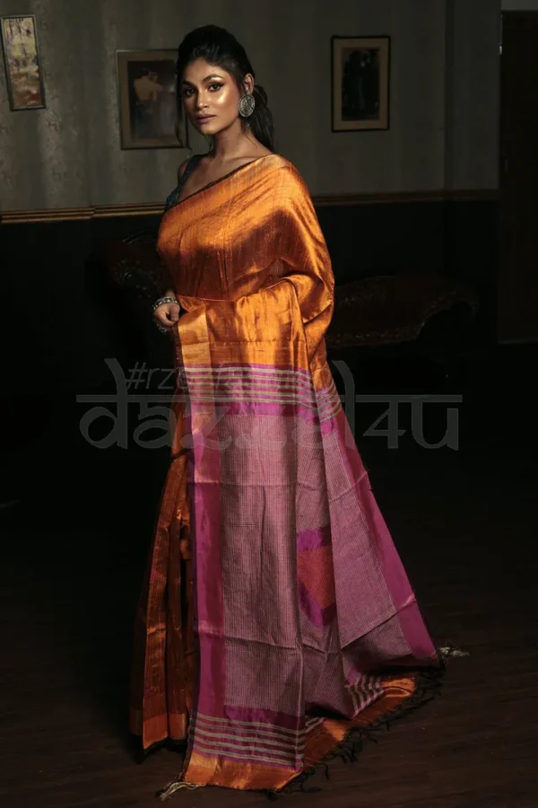 Orange and Majenta Bhagalpur Handloom on Tussar Gicha saree